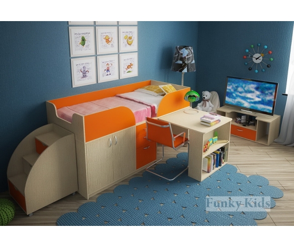 Кровать чердак Фанки Кидз - 10 корпус дуб кремона / фасад оранжевый + тумба - лестница + подставка под ТВ ФМ