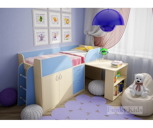 Кровать чердак Фанки Кидз - 10 корпус дуб кремона / фасад голубой