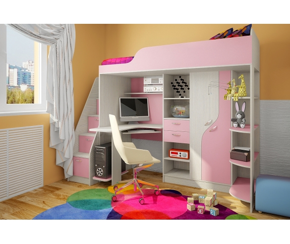 Кровать чердак Фанки Кидз 15, корпус сосна лоредо / фасад розовый