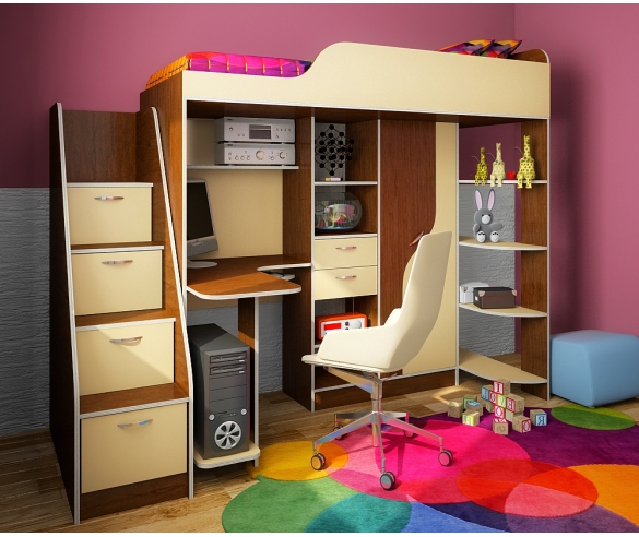 Детская кровать чердак Фанки Кидз Модель 15 - корпус орех / фасад ваниль