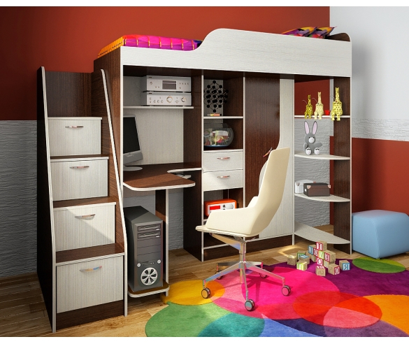 Кровать чердак с рабочей зоной Фанки Кидз 15 - корпус венге / фасад сосна лоредо