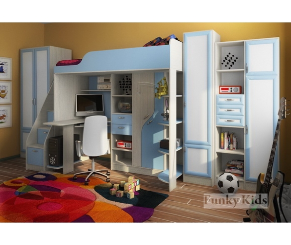 Кровать чердак Фанки Кидз - 15 корпус сосна / фасад голубой + двухстворчатый шкаф + пенал + стеллаж уголок школьника