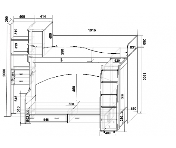 Двухъярусная кровать Фанки Кидз - 12 схема с размерами
