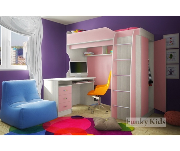 Кровать чердак Фанки Кидз - 11 корпус сосна лоредо / фасад розовый + стол компьютерный