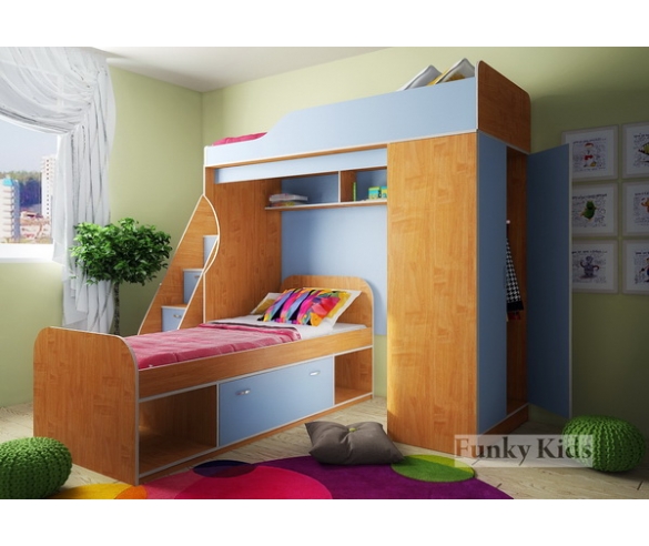 Кровать чердак Фанки Кидз - 11 корпус ольха / фасад голубой + тумба - лестница + кровать нижняя с одним выкатным ящиком 