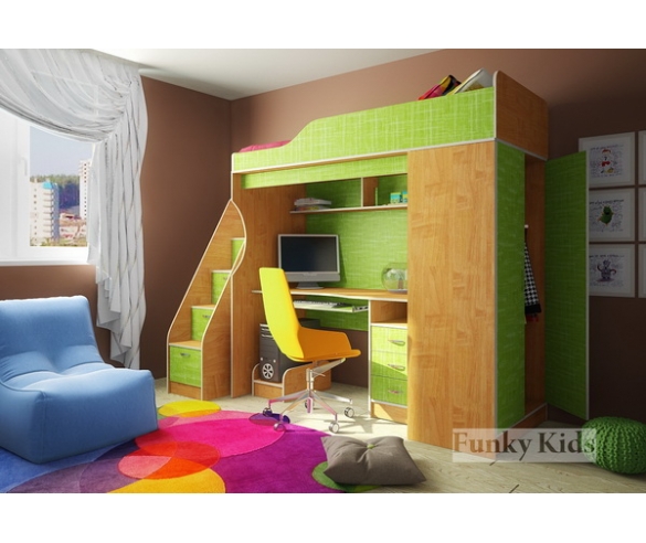 Кровать чердак Фанки Кидз - 11 корпус ольха / фасад текстиль + тумба лестница 