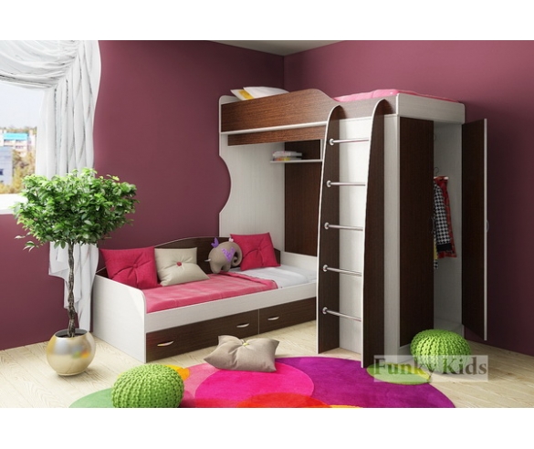 Кровать чердак Фанки Кидз - 11 корпус сосна лоредо / фасад венге + кровать нижняя с двумя выкатными ящиками