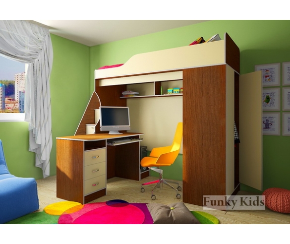 Кровать чердак Фанки Кидз - 11 корпус орех / фасад ваниль + тумба - лестница + стол компьютерный
