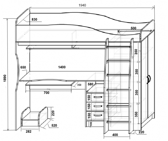 Кровать чердак Фанки Кидз - 11 схема с размерами