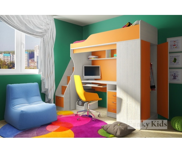 Кровать чердак Фанки Кидз - 11 корпус сосна лоредо / фасад оранжевый + тумба - лестница