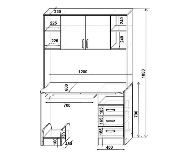 стол письменный с надстройкой 13/14 схема с размерами
