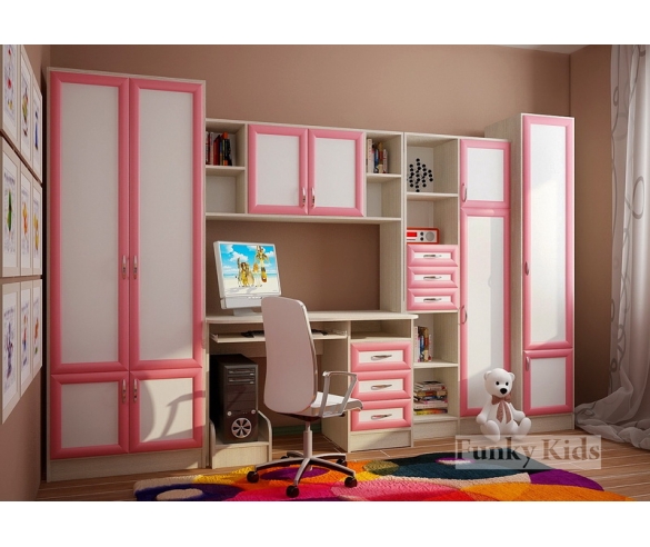 Модульная мебель Уголок школьника Фанки Кидз шкаф двухдверный 13 / 2 СВ + стол письменный с надстройкой 13 / 14 СВ + шкаф однодверный 13 / 10 СВ + стеллаж 13 / 9 СВ корпус сосна лоредо / фасад рамочный розовый