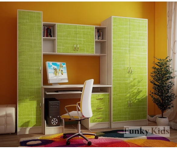 Модульная мебель Уголок школьника Фанки Кидз шкаф двухдверный 13 / 2 СВ + стол письменный с надстройкой 13 / 14 СВ + шкаф однодверный 13 / 10 СВ корпус сосна лоредо / фасад текстиль