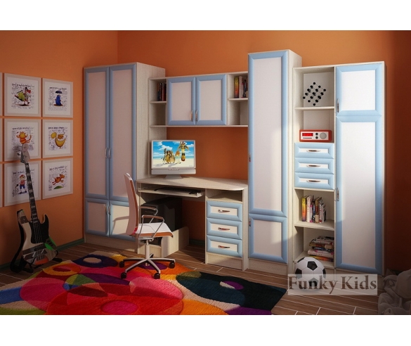 Модульная мебель Уголок школьника Фанки Кидз шкаф двухдверный 13 / 2 СВ + стол письменный с надстройкой 13 / 14 СВ + шкаф однодверный 13 / 10 СВ + стеллаж 13 / 9 СВ корпус сосна лоредо / фасад МДФ голубой