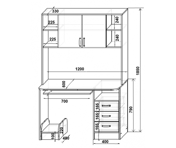 Стол письменный с надстройкой Фанки Кидз 13 / 14 СВ схема с размерами