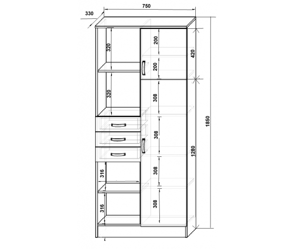 Стеллаж Фанки Кидз 13 / 9 СВ схема с размерами
