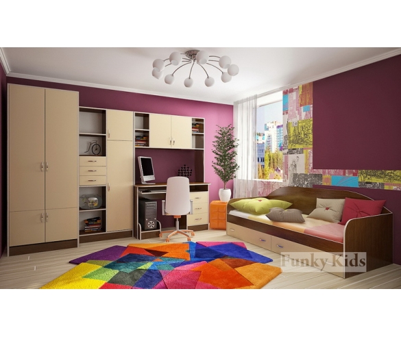 Модульная мебель Уголок школьника Фанки Кидз шкаф двухдверный 13 / 2 СВ + стол письменный с надстройкой 13 / 14 СВ + кровать низкая 13 / 7 СВ + стеллаж 13 / 9 СВ корпус орех / фасад крем ваниль