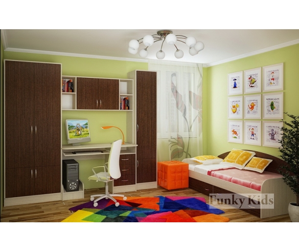 Модульная мебель Уголок школьника Фанки Кидз шкаф двухдверный 13 / 2 СВ + стол письменный с надстройкой 13 / 14 СВ + кровать низкая 13 / 7 СВ + шкаф однодверный 13 / 10 СВ корпус сосна лоредо / фасад венге