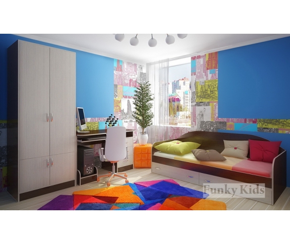 Модульная мебель Уголок школьника Фанки Кидз шкаф двухдверный 13 / 2 СВ + стол письменный 13 / 1 СВ + кровать низкая 13 / 7 СВ + корпус венге / фасад сосна лоредо