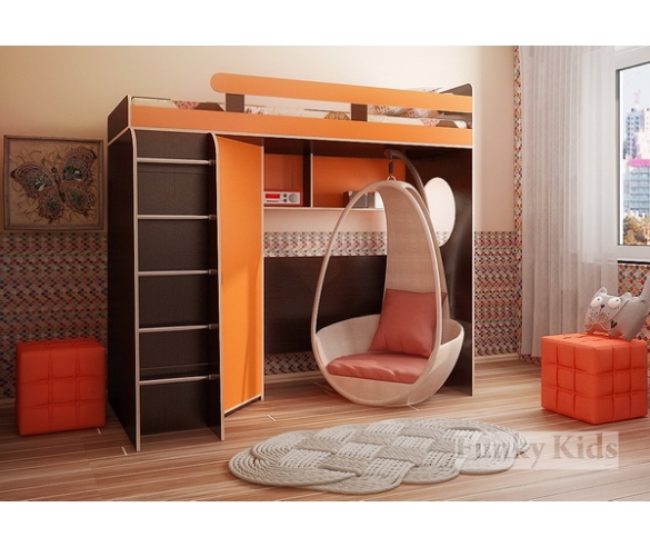 Кровать чердак Фанки Кидз - 3 / 1 корпус венге / фасад оранжевый