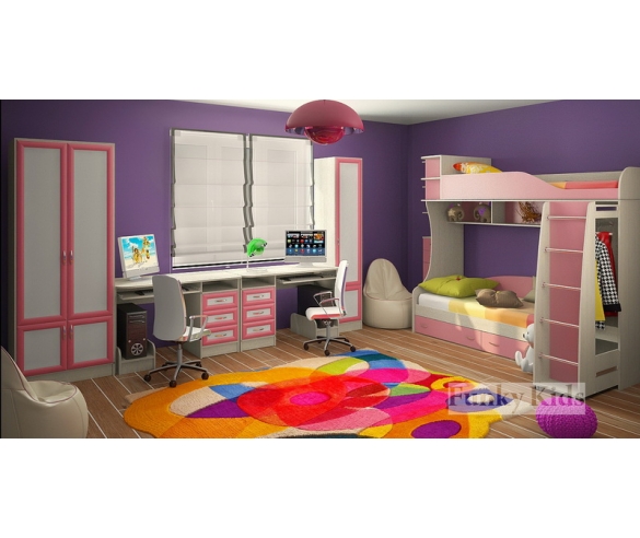 Двухъярусная кровать Фанки Кидз -12 корпус сосна лоредо / фасад рамочный розовый + двухстворчатый шкаф + пенал + два стола