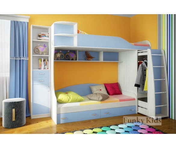 Двухъярусная кровать Фанки Кидз - 12 корпус сосна лоредо / фасад голубой