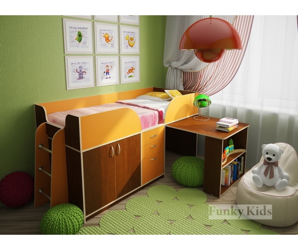 Кровать чердак Фанки Кидз - 10 корпус орех / фасад оранжевый 