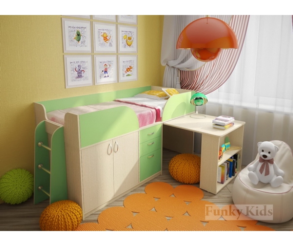 Кровать чердак Фанки Кидз - 10 корпус дуб кремона / фасад салатовый