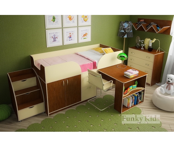 Кровать чердак Фанки Кидз - 10 корпус орех / фасад ваниль + тумба - лестница 13 / 25 ФМ + комод 13 / 24 ФМ + полка навесная 13 / 11 СВ