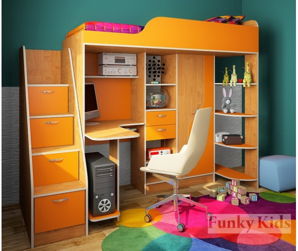 Кровать чердак Фанки Кидз - 15 корпус ольха / фасад оранжевый
