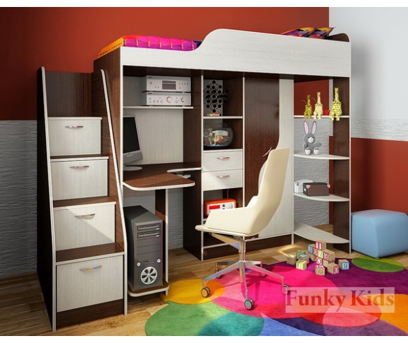 Кровать чердак Фанки Кидз - 15 корпус венге/ фасад сосна лоредо