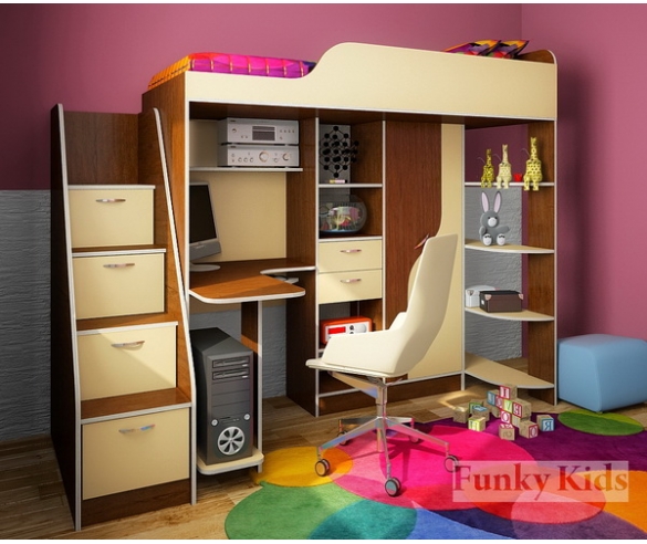 Кровать чердак Фанки Кидз - 15 корпус орех / фасад крем ваниль