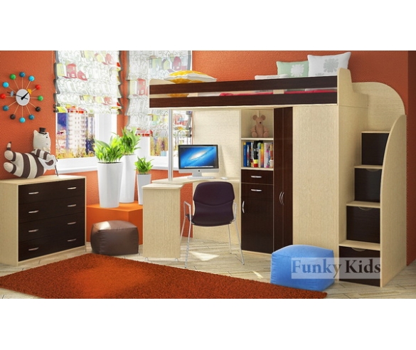 Кровать чердак Фанки Кидз 1 Гранд + комод 13/24ФМ корпус дуб кремона / фасад венге