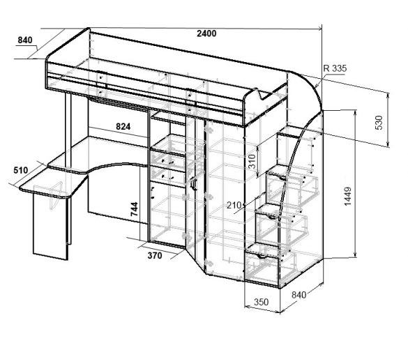 Кровать чердак Фанки Кидз 1 Гранд схема с размерами