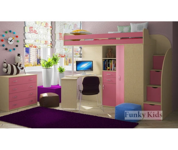 Кровать чердак Фанки Кидз 1 Гранд + комод 13/24ФМ корпус дуб кремона / фасад розовый