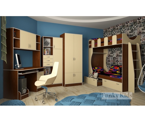 Двухъярусная кровать Фанки Кидз + стол с надстройкой + шкаф - гардероб + стеллаж орех / крем ваниль