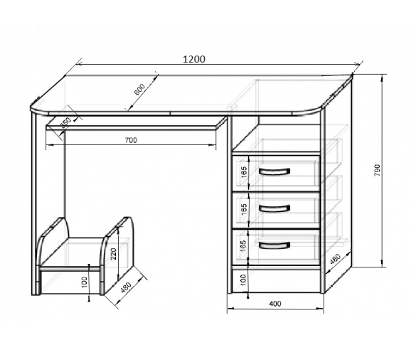 стол с подставкой под системный блок 13 / 1 СВ - схема с размерами