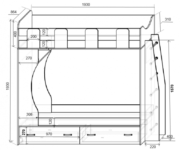 кровать двухъярусная Фанки Кидз 5 - схема с размерами
