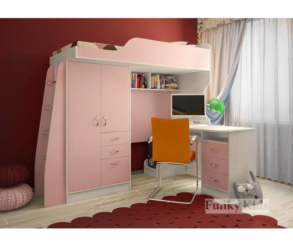 Кровать чердак Фанки Кидз - 4 корпус сосна лоредо / фасад розовая