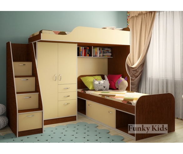 Кровать чердак Фанки Кидз - 4 корпус орех / фасад ваниль + тумба - лестница + нижняя кровать с одним ящиком