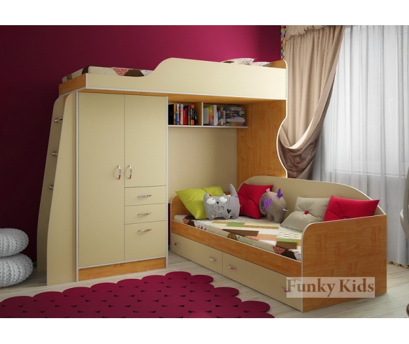 Кровать чердак Фанки Кидз - 4 корпус ольха / фасад ваниль + кровать нижняя с 2 ящиками