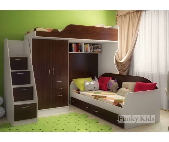 Кровать чердак Фанки Кидз - 4 корпус сосна лоредо / фасад венге + кровать с двумя выкатными ящиками + тумба лестница