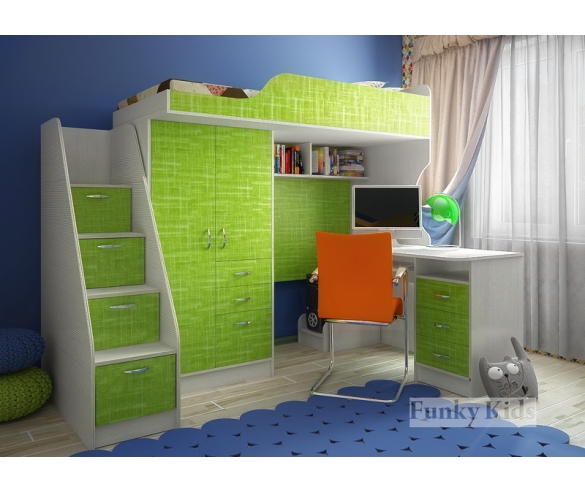 Кровать чердак Фанки Кидз - 4 корпус сосна лоредо / фасад текстиль + тумба - лестница + компьютерный стол
