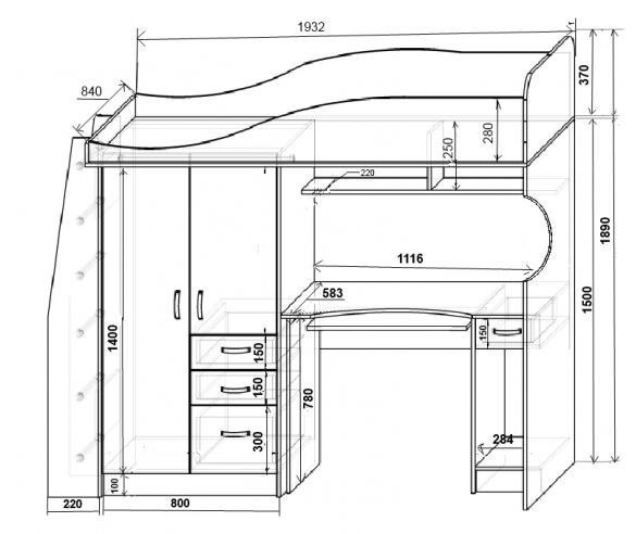 Кровать чердак Фанки Кидз - 4 схема с размерами