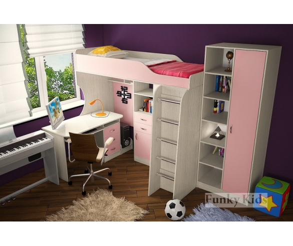 Кровать чердак Фанки Кидз 7 + стол компьютерный + подставка под системный блок + шкаф для одежды - корпус сосна лоредо / фасад розовый