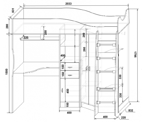 Кровать чердак Фанки Кидз 7 - схема с размерами