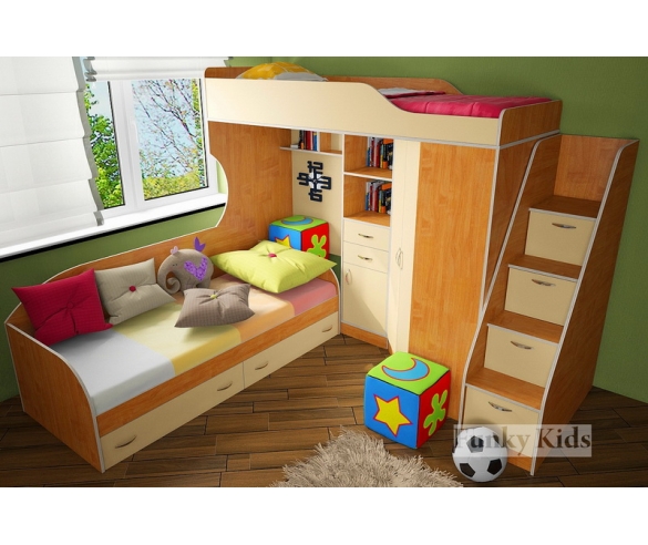 Кровать чердак Фанки Кидз 7/1 + кровать с двумя выдвижными ящиками + лестница - комод корпус ольха / фасад крем ваниль