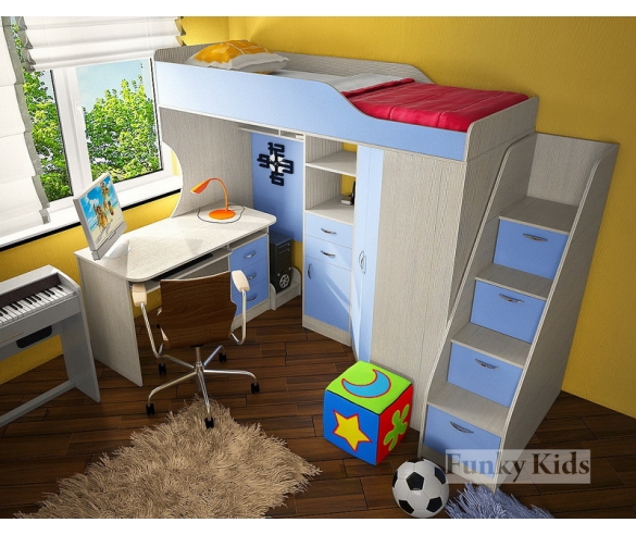 Кровать чердак Фанки Кидз 7/1 + лестница - комод + стол компьютерный + подставка под системный блок корпус сосна лоредо / фасад голубой