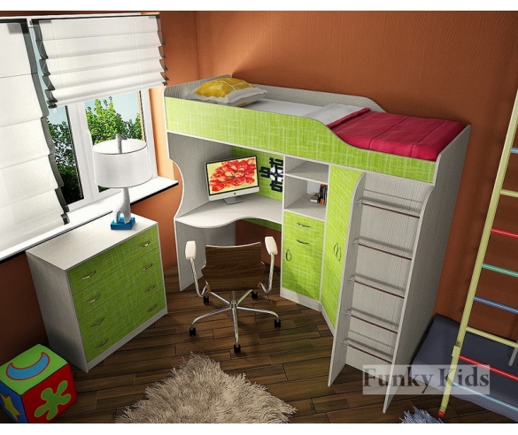 Кровать чердак Фанки кидз 7 + комод корпус сосна лоредо / фасад текстиль