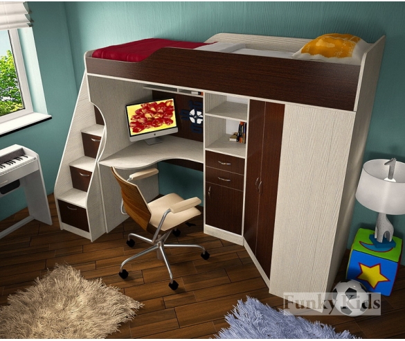 Кровать чердак Фанки Кидз 7 + лестница - комо корпус сосна лоредо / фасад венге